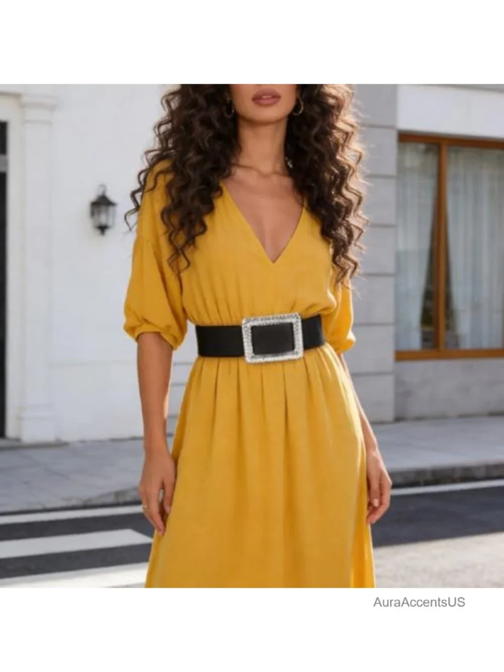 Wide Elastic Rhinestone Buckle Belt Stretchy Adjustable Waist Belt for Dresses